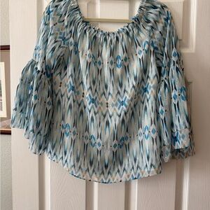 White House Black Market Blue and White Geometric Off-Shoulder Top